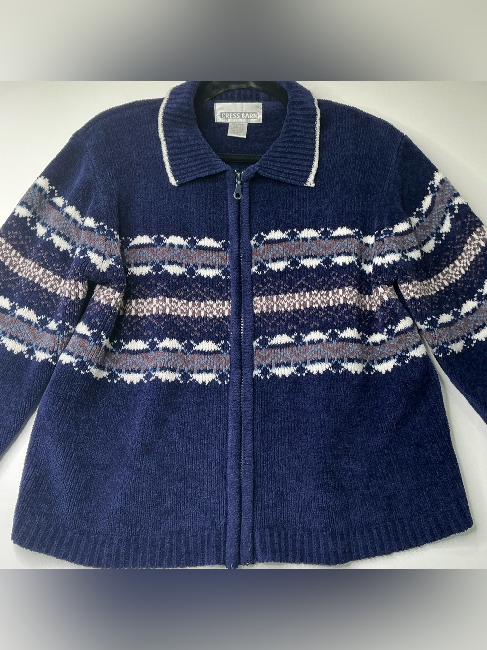 Dress Barn Women’s Navy Fair Isle Full Zip Cardigan Sweater Nordic L Preowned